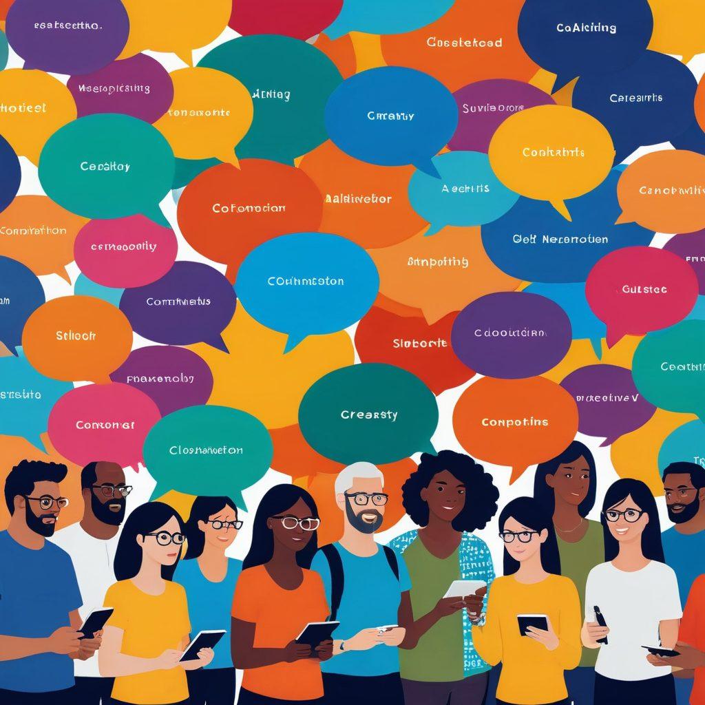 A vibrant community scene with diverse people engaged in writing, sharing ideas, and collaborating on digital devices. Include floating speech bubbles containing user-generated content snippets, symbols of connection like handshakes, and a backdrop of colorful blog logos. A warm and inviting atmosphere is essential, showcasing creativity and collaboration. super-realistic. vibrant colors. 3D.