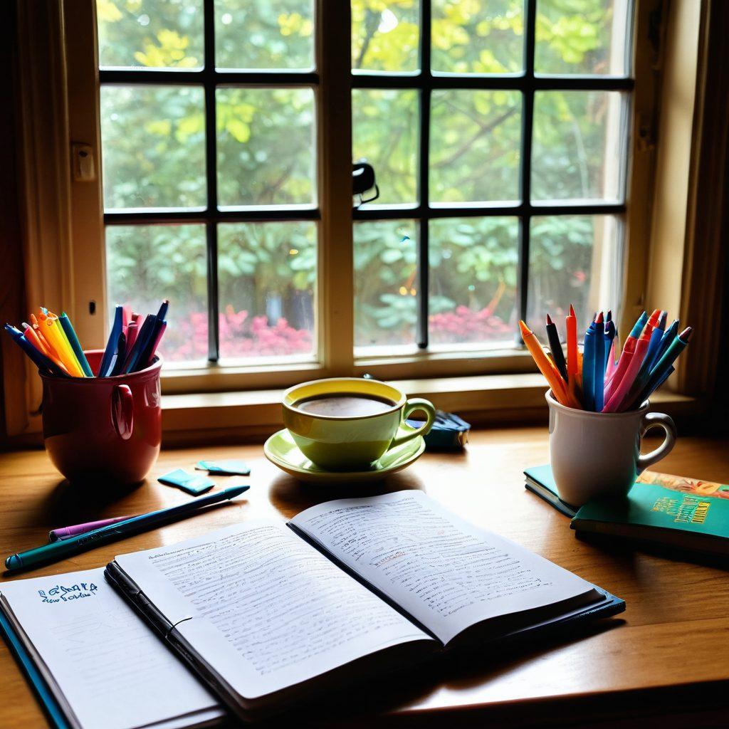 A whimsical desk scene filled with an open notebook, colorful pens scattered around, and a steaming cup of coffee. Background shows a window with vibrant daylight streaming in, casting playful shadows. A joyful cat lounges on the desk, adding a touch of warmth and creativity. In the corner, a bulletin board with inspiring quotes and photographs. bright colors. cozy atmosphere. artistic illustration.