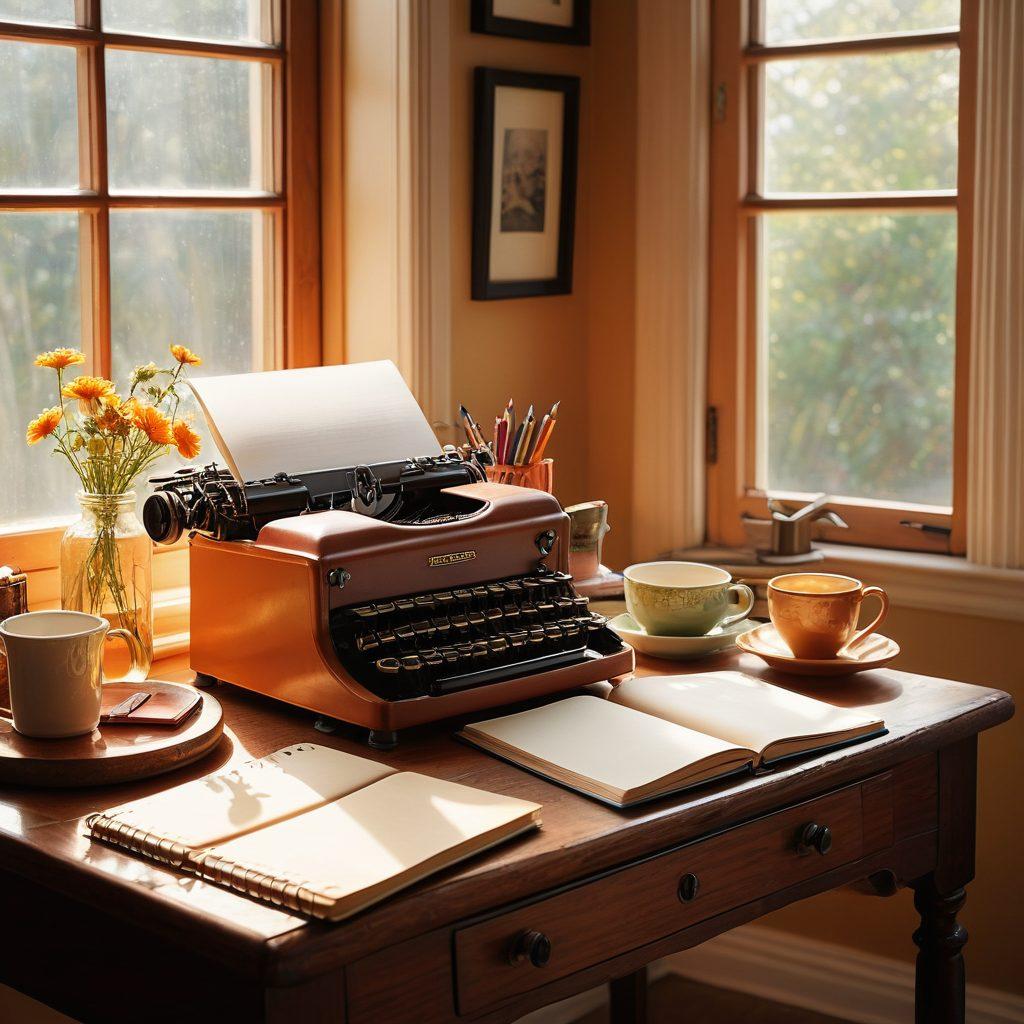 A cozy writing nook with a vintage wooden desk, scattered notebooks, and a steaming cup of tea, surrounded by warm sunlight streaming through a nearby window. Personal essays and journal entries in various states of completion are spread across the desk, along with a typewriter and colorful pens. A serene atmosphere highlighting the journey of self-expression and creativity. super-realistic. warm colors. soft focus.